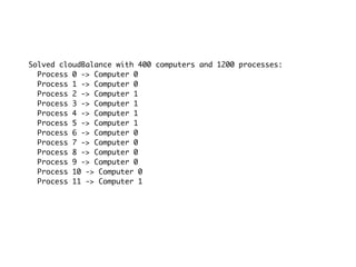 Solved cloudBalance with 400 computers and 1200 processes:
Process 0 -> Computer 0
Process 1 -> Computer 0
Process 2 -> Computer 1
Process 3 -> Computer 1
Process 4 -> Computer 1
Process 5 -> Computer 1
Process 6 -> Computer 0
Process 7 -> Computer 0
Process 8 -> Computer 0
Process 9 -> Computer 0
Process 10 -> Computer 0
Process 11 -> Computer 1
 