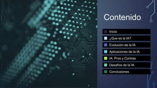 Contenido
Inicio
¿Que es la IA?
Evolución de la IA
Aplicaciones de la IA
IA: Pros y Contras
Desafíos de la IA
Conclusiones
 