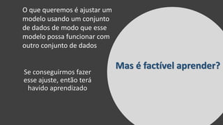 Se conseguirmos fazer
esse ajuste, então terá
havido aprendizado
O que queremos é ajustar um
modelo usando um conjunto
de dados de modo que esse
modelo possa funcionar com
outro conjunto de dados
Mas é factível aprender?
 