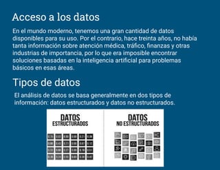 Acceso a los datos
En el mundo moderno, tenemos una gran cantidad de datos
disponibles para su uso. Por el contrario, hace treinta años, no había
tanta información sobre atención médica, tráﬁco, ﬁnanzas y otras
industrias de importancia, por lo que era imposible encontrar
soluciones basadas en la inteligencia artiﬁcial para problemas
básicos en esas áreas.
Tipos de datos
El análisis de datos se basa generalmente en dos tipos de
información: datos estructurados y datos no estructurados.
 