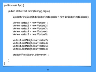 11
public class App {
public static void main(String[] args) {
BreadthFirstSearch breadthFirstSearch = new BreadthFirstSearch();
Vertex vertex1 = new Vertex(1);
Vertex vertex2 = new Vertex(2);
Vertex vertex3 = new Vertex(3);
Vertex vertex4 = new Vertex(4);
Vertex vertex5 = new Vertex(5);
vertex1.addNeighbour(vertex2);
vertex1.addNeighbour(vertex4);
vertex4.addNeighbour(vertex5);
vertex2.addNeighbour(vertex3);
breadthFirstSearch.bfs(vertex1);
}
}
 