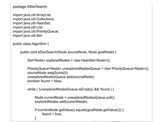 32
package AStarSearch;
import java.util.ArrayList;
import java.util.Collections;
import java.util.HashSet;
import java.util.List;
import java.util.PriorityQueue;
import java.util.Set;
public class Algorithm {
public void aStarSearch(Node sourceNode, Node goalNode) {
Set<Node> exploredNodes = new HashSet<Node>();
PriorityQueue<Node> unexploredNodesQueue = new PriorityQueue<Node>();
sourceNode.setgScore(0);
unexploredNodesQueue.add(sourceNode);
boolean found = false;
while ( !unexploredNodesQueue.isEmpty() && !found ) {
Node currentNode = unexploredNodesQueue.poll();
exploredNodes.add(currentNode);
if (currentNode.getValue().equals(goalNode.getValue())) {
found = true;
}
 