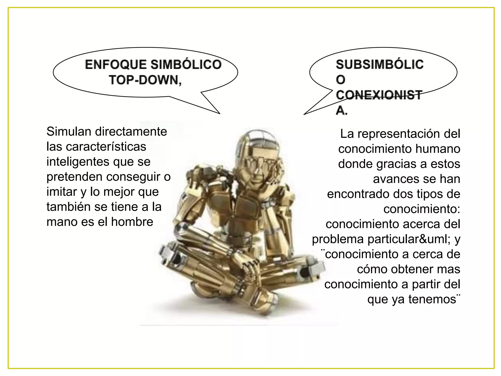Simulan directamente         La representación del
las características          conocimiento humano
inteligentes que se          donde gracias a estos
pretenden conseguir o              avances se han
imitar y lo mejor que      encontrado dos tipos de
también se tiene a la                conocimiento:
mano es el hombre         conocimiento acerca del
                        problema particular&uml; y
                         ¨conocimiento a cerca de
                                cómo obtener mas
                          conocimiento a partir del
                                  que ya tenemos¨
 