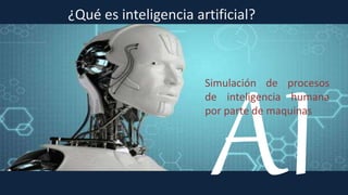 ¿Qué es inteligencia artificial?
Simulación de procesos
de inteligencia humana
por parte de maquinas
 