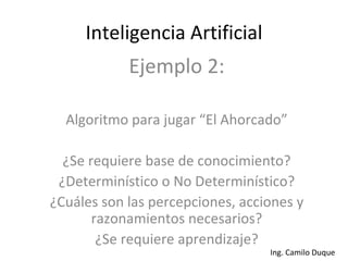 Inteligencia Artificial Ejemplo 2: Algoritmo para jugar “El Ahorcado” ¿Se requiere base de conocimiento? ¿Determinístico o No Determinístico? ¿Cuáles son las percepciones, acciones y razonamientos necesarios? ¿Se requiere aprendizaje? 