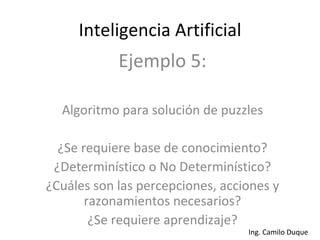 Inteligencia Artificial Ejemplo 5: Algoritmo para solución de puzzles ¿Se requiere base de conocimiento? ¿Determinístico o No Determinístico? ¿Cuáles son las percepciones, acciones y razonamientos necesarios? ¿Se requiere aprendizaje? 