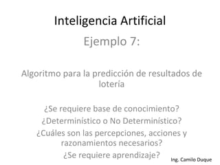 Inteligencia Artificial Ejemplo 7: Algoritmo para la predicción de resultados de lotería ¿Se requiere base de conocimiento? ¿Determinístico o No Determinístico? ¿Cuáles son las percepciones, acciones y razonamientos necesarios? ¿Se requiere aprendizaje? 