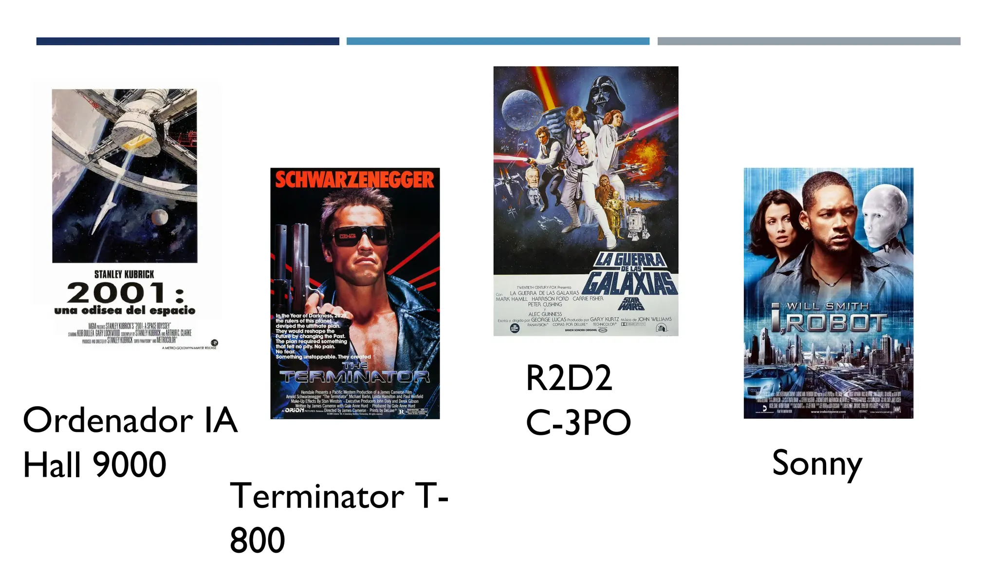Ordenador IA
Hall 9000
R2D2
C-3PO
Terminator T-
800
Sonny
 