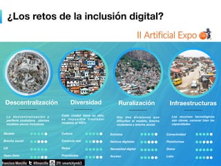 La descentralización y
periferia ciudadana plantea
modelos pocos inclusivos
Cada ciudad tiene su reto,
es imposible trasladar
modelos al 100%
Hay dos divisiones que
diﬁcultan el modelo, brecha
ciudadana y brecha social.
Infraestructuras
Conectividad
Plataformas
Datos
Labs
Los recursos tecnológicos
son claves, conocer bien las
capacidades
¿Los retos de la inclusión digital?
Descentralización Diversidad Ruralización
Estratos
Nativos digitales
Necesidad digital
Acceso
Cultura
Carencia real
Retos
Prioridades
Modelo
Brecha social
UX
Open Data
 