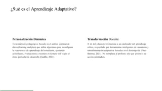 ¿9ué es el Aprendizaje Adaptativo?
Personalización Dinámica
Es un método pedagógico basado en el análisis continuo de
datos (learning analytics) que utiliza algoritmos para reconfigurar
la experiencia de aprendizaje del estudiante, ajustando
actividades, evaluaciones y recursos en tiempo real según el
ritmo particular de desarrollo (Cadillo, 2023).
Transformación Docente
El rol del educador evoluciona a un catalizador del aprendizaje
crítico, respaldado por herramientas inteligentes de monitoreo y
retroalimentación adaptativa basadas en el desempeño (Díaz-
Ramírez, 2021). No reemplaza al profesor, sino que potencia su
acción orientadora.
 