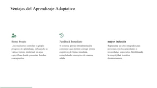 Ventajas del Aprendizaje Adaptativo
Ritmo Propio
Los estudiantes controlan su propio
progreso de aprendizaje, enfocando su
valioso tiempo intelectual en áreas
específicas donde presentan brechas
conceptuales.
Feedback Inmediato
El sistema provee retroalimentación
constante que permite corregir errores
cognitivos de forma inmediata,
consolidando conceptos de manera
sólida.
mayor Inclusión
Representa un salto integrador para
personas con discapacidades o
necesidades especiales, flexibilizando
la complejidad temática
dinámicamente.
 