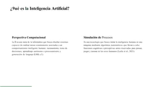 ¿9ué es la Inteligencia Artificial?
Perspectiva Computacional
La ÍA es una rama de la informática que busca diseñar sistemas
capaces de realizar tareas comúnmente asociadas a un
comportamiento inteligente humano: razonamiento, toma de
decisiones, aprendizaje autónomo o procesamiento y
generación de lenguaje (UAM, s.f.).
Simulación de Procesos
Es una tecnología que busca imitar la inteligencia humana en una
máquina mediante algoritmos matemáticos que llevan a cabo
funciones cognitivas o perceptivas antes reservadas para pensar,
juzgar y razonar en los seres humanos (Leslie et al., 2021).
 