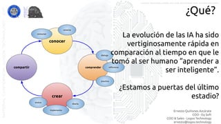 Ernesto Quiñones Azcárate
COO - Eq Soft
COO & Sales - Logos Technology
ernesto@logos.technology
MATERIALCONFIDENCIALLOGOSTECHNOLOGY-2017 LOGOS TECHNOLOGIES es una empresa del grupo EQ SOFT
¿Qué?
conocer
comprender
crear
compartir
conecta
dialoga
reﬂexiona
practica
diseña
evalua
implementa
La evolución de las IA ha sido
vertiginosamente rápida en
comparación al tiempo en que le
tomó al ser humano “aprender a
ser inteligente”.
¿Estamos a puertas del último
estadio?
contactar
 