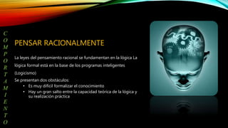 PENSAR RACIONALMENTE
La leyes del pensamiento racional se fundamentan en la lógica La
lógica formal está en la base de los programas inteligentes
(Logicismo)
Se presentan dos obstáculos:
• Es muy difícil formalizar el conocimiento
• Hay un gran salto entre la capacidad teórica de la lógica y
su realización práctica
C
O
M
P
O
R
T
A
M
I
E
N
T
O
 