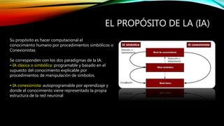 EL PROPÓSITO DE LA (IA)
Su propósito es hacer computacional el
conocimiento humano por procedimientos simbólicos o
Conexionistas
Se corresponden con los dos paradigmas de la IA:
• IA clásica o simbólica: programable y basado en el
supuesto del conocimiento explicable por
procedimientos de manipulación de símbolos.
• IA conexionista: autoprogramable por aprendizaje y
donde el conocimiento viene representado la propia
estructura de la red neuronal
 