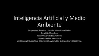 Inteligencia Artificial y Medio
Ambiente
Perspectivas , Premisas , Desafíos y Condicionalidades.
Dr. Adrián Meza Soza.
Rector Universidad Paulo Freire.
Director General CENIEF C-R
XIV FORO INTERNACIONAL DE DERECHO AMBIENTAL. BUENOS AIRES ARGENTINA.
 