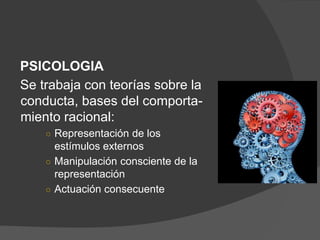 PSICOLOGIA
Se trabaja con teorías sobre la
conducta, bases del comporta-
miento racional:
○ Representación de los
estímulos externos
○ Manipulación consciente de la
representación
○ Actuación consecuente
 