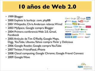 10 años de Web 2.0
•   1999 Blogger
•   2000 Explota la burbuja .com, phpBB
•   2001 Wikipedia, Chris Anderson relanza Wired
•   2003 MySpace, Google compra Blogger
•   2004 Primera conferencia Web 2.0, Gmail,
    Facebook
•   2005 Artículo de Tim O’Reilly, Google Maps,
    Digg, YouTube, Ubuntu,Yahoo compra Flickr y Delicious
•   2006 Google Reader, Google compra YouTube
•   2007 Twitter, FriendFeed, iPhone
•   2008 Cloud computing, Google Chrome, Google Friend Connect
•   2009 Google Wave


                                  4
 