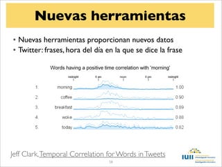 Nuevas herramientas
• Nuevas herramientas proporcionan nuevos datos
• Twitter: frases, hora del día en la que se dice la frase




Jeff Clark, Temporal Correlation for Words in Tweets
                                 58
 
