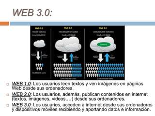 WEB 3.0:
 WEB 1.0: Los usuarios leen textos y ven imágenes en páginas
Web desde sus ordenadores.
 WEB 2.0: Los usuarios, además, publican contenidos en internet
(textos, imágenes, videos,…) desde sus ordenadores.
 WEB 3.0: Los usuarios, acceden a internet desde sus ordenadores
y dispositivos móviles recibiendo y aportando datos e información.
 