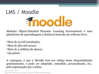 LMS / Moodle
Modular Object-Oriented Dynamic Learning Environment é uma
plataforma de aprendizagem a distância baseada em software livre.
•Mais de 25 mil instalações;
•Mais de 360 mil cursos;
•Mais de 4 milhões de alunos;
•155 países.
A vantagem, é que o Moodle tem seu código fonte disponibilizado
gratuitamente, e pode ser adaptado, estendido, personalizado, etc.,
pela organização que o adota.
www.moodle.org.br/
http://www.ead.edumed.org.br/file.php/1/PlataformaMoodle.pdf
 