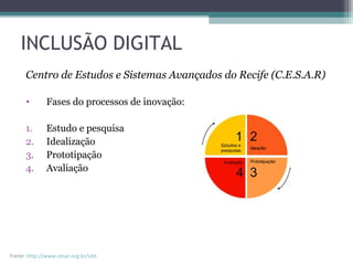 INCLUSÃO DIGITAL
Centro de Estudos e Sistemas Avançados do Recife (C.E.S.A.R)
• Fases do processos de inovação:
1. Estudo e pesquisa
2. Idealização
3. Prototipação
4. Avaliação
Fonte: http://www.cesar.org.br/site
 