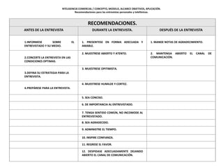 NTELIGENCIA COMERCIAL / CONCEPTO, MODELO, ALCANCE OBJETIVOS, APLICACIÓN.
                                    Recomendaciones para las entrevistas personales y telefónicas.



                                             RECOMENDACIONES.
ANTES DE LA ENTREVISTA                          DURANTE LA ENTREVISTA.                            DESPUÉS DE LA ENTREVISTA


1.INFORMESE       SOBRE           EL     1. PRESENTESE EN FORMA ADECUADA Y                 1. MANDE NOTAS DE AGRADECIMIENTO.
ENTREVISTADO Y SU MEDIO.                 AMABLE.

                                         2. MUESTRESE ABIERTO Y ATENTO.                    2. MANTENGA ABIERTO     EL   CANAL   DE
2.CONCERTE LA ENTREVISTA EN LAS                                                            COMUNICACIÓN.
CONDICIONES OPTIMAS.

                                         3. MUESTRESE OPITIMISTA.
3.DEFINA SU ESTRATEGIA PARA LA
ENTREVISTA.

                                         4. MUESTRESE HUMILDE Y CORTEZ.
4.PREPÁRESE PARA LA ENTREVISTA.


                                         5. SEA CONCISO.

                                         6. DE IMPORTANCIA AL ENTREVISTADO.

                                         7. TENGA SENTIDO COMÚN, NO INCOMODE AL
                                         ENTREVISTADO.
                                         8. SEA AGRADECIDO.

                                         9. ADMINISTRE EL TIEMPO.

                                         10. INSPIRE CONFIANZA.

                                         11. REGRESE EL FAVOR.

                                         12. DESPIDASE ADECUADAMENTE DEJANDO
                                         ABIERTO EL CANAL DE COMUNICACIÓN.
 