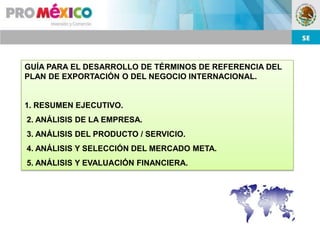 GUÍA PARA EL DESARROLLO DE TÉRMINOS DE REFERENCIA DEL
PLAN DE EXPORTACIÓN O DEL NEGOCIO INTERNACIONAL.


1. RESUMEN EJECUTIVO.
2. ANÁLISIS DE LA EMPRESA.
3. ANÁLISIS DEL PRODUCTO / SERVICIO.
4. ANÁLISIS Y SELECCIÓN DEL MERCADO META.
5. ANÁLISIS Y EVALUACIÓN FINANCIERA.
 