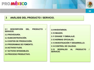3    ANÁLISIS DEL PRODUCTO / SERVICIO.



3.1  DESCRIPCIÓN     DEL    PRODUCTO   /   3.9 INVENTARIOS.
SERVICIO.
                                           3.10 IMAGEN.
3.2 PROVEDURÍA.
                                           3.11 ENVASE Y EMBALAJE.
3,3 SUBCONTRATACIÓN.
                                           3.12 NORMAS OFICIALES.
3.4 COSTOS DE PRODUCCIÓN.
                                           3.13 INVESTIGACIÓN Y DESARROLLO.
3.5 PROGRAMAS DE FOMENTO.
                                           3.14 CONTROL DE CALIDAD.
3.6 ACTIVOS FIJOS.
                                           3.15  RESPALDO     AL     PRODUCTO   /
3.7 ACTIVOS INTANGIBLES.                   SERVICIO.
3.8 PROCESO PRODUCTIVO.
 