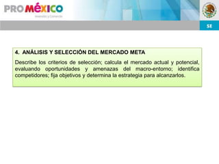 4. ANÁLISIS Y SELECCIÓN DEL MERCADO META
Describe los criterios de selección; calcula el mercado actual y potencial,
evaluando oportunidades y amenazas del macro-entorno; identifica
competidores; fija objetivos y determina la estrategia para alcanzarlos.
 