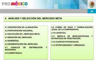 4. ANÁLISIS Y SELECCIÓN DEL MERCADO META


4.1 DESCRIPCIÓN DE LA INDUSTRIA            4.9 FORMA DE PAGO Y FORMALIZACIÓN
                                           LEGAL DE LA COMPRAVENTA.
4.2 PARTICIPACIÓN NACIONAL.
                                           4.10 LOGÍSTICA.
4.3 SELECCIÓN DE L MERCADO META.
                                           4.11 MEZCLA DE MERCADOTECNIA     Y
4.4 MEDICIÓN DEL MERCADO.
                                           ESTRATEGIA DE PENETRACIÓN.
4.5 BARRERAS.
                                           4.12 CLIENTES POTENCIALES.
4.6 SEGMENTACIÓN DEL MERCADO.
                                           4.13 OPORTUNIDADES Y AMENAZAS.
4.7 CANALES        DE   DISTRIBUCIÓN   Y
MÁRGENES.
4.8 COMPETENCIA.
 