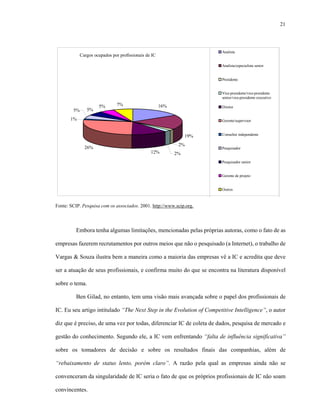 21




                                                                        Analista
             Cargos ocupados por profissionais de IC

                                                                        Analista/especialista senior


                                                                        Presidente


                                                                        Vice-presidente/vice-presidente
                                                                        senior/vice-presidente executivo

                      5%       7%                      16%              Diretor
        5%      5%
       1%                                                               Gerente/supervisor


                                                                  19%   Consultor independente

                                                              2%
               26%                                                      Pesquisador
                                                 12%         2%
                                                                        Pesquisador senior


                                                                        Gerente de projeto


                                                                        Outros



Fonte: SCIP. Pesquisa com os associados. 2001. http://www.scip.org.




          Embora tenha algumas limitações, mencionadas pelas próprias autoras, como o fato de as

empresas fazerem recrutamentos por outros meios que não o pesquisado (a Internet), o trabalho de

Vargas & Souza ilustra bem a maneira como a maioria das empresas vê a IC e acredita que deve

ser a atuação de seus profissionais, e confirma muito do que se encontra na literatura disponível

sobre o tema.

          Ben Gilad, no entanto, tem uma visão mais avançada sobre o papel dos profissionais de

IC. Eu seu artigo intitulado “The Next Step in the Evolution of Competitive Intelligence”, o autor

diz que é preciso, de uma vez por todas, diferenciar IC de coleta de dados, pesquisa de mercado e

gestão do conhecimento. Segundo ele, a IC vem enfrentando “falta de influência significativa”

sobre os tomadores de decisão e sobre os resultados finais das companhias, além de

“rebaixamento de status lento, porém claro”. A razão pela qual as empresas ainda não se

convenceram da singularidade de IC seria o fato de que os próprios profissionais de IC não soam

convincentes.
 