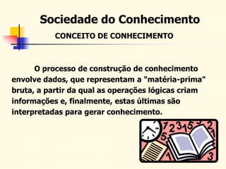 Sociedade do Conhecimento
CONCEITO DE CONHECIMENTO
O processo de construção de conhecimento
envolve dados, que representam a "matéria-prima"
bruta, a partir da qual as operações lógicas criam
informações e, finalmente, estas últimas são
interpretadas para gerar conhecimento.
 