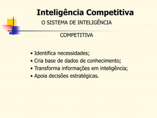 Inteligência Competitiva
O SISTEMA DE INTELIGÊNCIA
COMPETITIVA
• Identifica necessidades;
• Cria base de dados de conhecimento;
• Transforma informações em inteligência;
• Apoia decisões estratégicas.
 