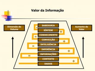 SABEDORIA
SÍNTESE
CONHECIMENTO
CONVICÇÃO
INTELIGÊNCIA
INFERÊNCIA
INFORMAÇÕES
CONTEXTO
DADOS
Aumento de
Valor
Dimensão do
Volume
+
+
+
+
=
=
=
=
Valor da Informação
 