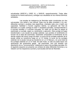 UNIVERSIDAD DE CONCEPCIÓN - DEPTO. DE PSICOLOGIA
Apunte de circulación restringida
Preparado por Prof. H. Brinkmann
4
actualizadas (WISC-R y WISC III, y WAIS-R, respectivamente). Todas ellas
conservan la misma estructura y entregan sus resultados en los mismos términos
señalados.
Las escalas de inteligencia de Wechsler están constituidas por dos
sub-escalas: una verbal y una manual. Cada una de ellas considera, a su vez,
diferentes sub-test o pruebas más específicas, orientada cada una a medir una
capacidad, habilidad o función cognitiva distinta. La aplicación del Test de
Wechsler a un sujeto, entrega en total 11 resultados parciales, correspondientes a
6 sub-test verbales y 5 sub-test manuales. En cada uno de ellos se asigna al
examinado un puntaje, según su rendimiento o ejecución. Este puntaje es luego
transformado a una escala de puntaje estándar, que pondera el rendimiento en
función de la edad del examinado, haciéndolo comparable al rendimiento de los
demás sujetos del mismo rango de edad. La suma de los puntajes estándar de la
escala verbal se transforma luego en un CI Verbal, la suma de los puntajes
estándar de la escala manual se transforma en un CI Manual, y la suma total de
los puntajes estándar en un CI Total. De este modo, no sólo se puede hacer una
apreciación del rendimiento global del examinado, sino que también una
descripción de su “funcionamiento” intelectual en base a los puntajes parciales. En
el siguiente esquema se presenta una síntesis de estas diferentes funciones y su
relación con los respectivos sub-test y sub-escalas del test de Wechsler.
 