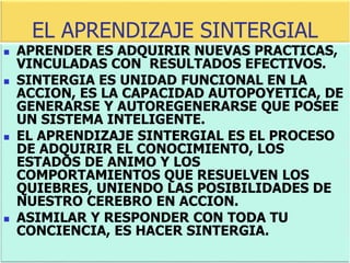 EL APRENDIZAJE SINTERGIAL
 APRENDER ES ADQUIRIR NUEVAS PRACTICAS,
VINCULADAS CON RESULTADOS EFECTIVOS.
 SINTERGIA ES UNIDAD FUNCIONAL EN LA
ACCION, ES LA CAPACIDAD AUTOPOYETICA, DE
GENERARSE Y AUTOREGENERARSE QUE POSEE
UN SISTEMA INTELIGENTE.
 EL APRENDIZAJE SINTERGIAL ES EL PROCESO
DE ADQUIRIR EL CONOCIMIENTO, LOS
ESTADOS DE ANIMO Y LOS
COMPORTAMIENTOS QUE RESUELVEN LOS
QUIEBRES, UNIENDO LAS POSIBILIDADES DE
NUESTRO CEREBRO EN ACCION.
 ASIMILAR Y RESPONDER CON TODA TU
CONCIENCIA, ES HACER SINTERGIA.
 