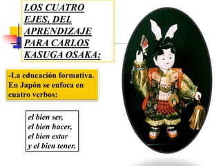 LOS CUATRO
EJES, DEL
APRENDIZAJE
PARA CARLOS
KASUGA OSAKA:
-La educación formativa.
En Japón se enfoca en
cuatro verbos:
el bien ser,
el bien hacer,
el bien estar
y el bien tener.
 