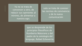 Ya no se trata de
convencer a otro, de
reducir sus opiniones al
mínimo, de alimentar a
nuestro ego;
solo se trata de conocer
las normas de convivencia
y de la nueva
comunicación
que se desprende de los
principios filosóficos de
Humberto Maturana y del
padre de la ontología del
lenguaje, Rafael Echeverría
 