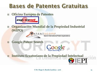  Oficina Europea de Patentes
 Organización Mundial de la Propiedad Industrial
(WIPO)
 Google Patent Search
 Instituto Ecuatoriano de la Propiedad Intelectual
© Dr. Hugo A. Banda Gamboa - 2016 19
 