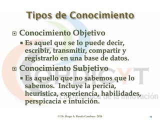  Conocimiento Objetivo
 Es aquel que se lo puede decir,
escribir, transmitir, compartir y
registrarlo en una base de datos.
 Conocimiento Subjetivo
 Es aquello que no sabemos que lo
sabemos. Incluye la pericia,
heurística, experiencia, habilidades,
perspicacia e intuición.
© Dr. Hugo A. Banda Gamboa - 2016 23
 