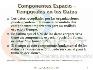  Los datos recopilados por las organizaciones
pueden contener de manera escondida dos
componentes importantes para su análisis:
espacio y tiempo.
 Se estima que el 80% de los datos corporativos
tiene un componente espacial (posición, forma,
orientación o tamaño) [8].
 El tiempo es otro componente fundamental de los
datos y su consideración puede ser crucial para la
toma de decisiones.
[8] Franklin, C. 1992. An Introduction to Geographic Information Systems: Linking Maps to Databases. Database, April, pp. 13-21.
© Dr. Hugo A. Banda Gamboa - 2016 17
 