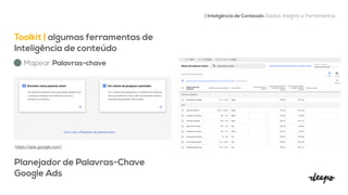 Mapear Palavras-chave
Toolkit | algumas ferramentas de
Inteligência de conteúdo


| Inteligência de Conteúdo: Dados, Insights e Ferramentas
https://ads.google.com/

Planejador de Palavras-Chave
Google Ads


 
