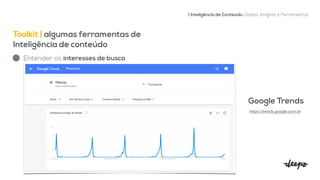 Toolkit | algumas ferramentas de
Inteligência de conteúdo


| Inteligência de Conteúdo: Dados, Insights e Ferramentas
Entender os interesses de busca
Google Trends


https://trends.google.com.br

 
