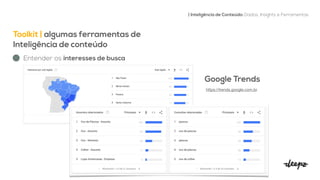 Toolkit | algumas ferramentas de
Inteligência de conteúdo


| Inteligência de Conteúdo: Dados, Insights e Ferramentas
Entender os interesses de busca
Google Trends


https://trends.google.com.br

 