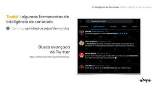 Toolkit | algumas ferramentas de
Inteligência de conteúdo


| Inteligência de Conteúdo: Dados, Insights e Ferramentas
Busca avançada


do Twitter


Ouvir as opiniões/desejos/demandas
https://twitter.com/search-advanced?lang=pt

 