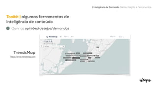 Toolkit | algumas ferramentas de
Inteligência de conteúdo


| Inteligência de Conteúdo: Dados, Insights e Ferramentas
TrendsMap


Ouvir as opiniões/desejos/demandas
https://www.trendsmap.com

 