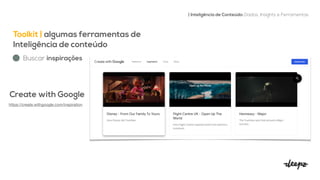 Toolkit | algumas ferramentas de
Inteligência de conteúdo


| Inteligência de Conteúdo: Dados, Insights e Ferramentas
Buscar inspirações
Create with Google


https://create.withgoogle.com/inspiration

 