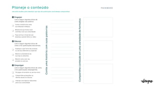 Use este modelo para idealizar que tipo de publicação você deseja compartilhar.
2 Educar
Explique o que torna seu produto
ou serviço diferente ou especial.
Mostre os bastidores de
sua loja ou empresa.
Mostre como usar seu
produto ou serviço.
Leia a seguir algumas dicas de
como criar publicações educativas:
3 Empolgar
Divulgue um produto ou serviço novo.
Compartilhe promoções ou
ofertas atuais ou futuras.
Interaja com tópicos relevantes
para sua comunidade.
Leia a seguir algumas dicas de como
criar publicações empolgantes:
1 Engajar
Conte a história de como
sua empresa começou.
Mostre de que forma você
contribui com sua comunidade.
Faça um tour virtual de sua
empresa usando fotos ou vídeo.
Leia a seguir algumas dicas de
como engajar seu público:
Planeje o conteúdo
Compartilhe
conteúdo
em
uma
variedade
de
formatos
Conte
uma
história
com
suas
palavras
 