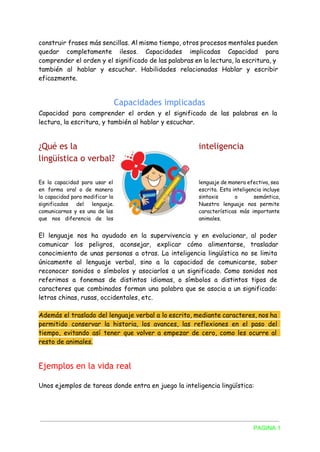 construir frases más sencillas. Al mismo tiempo, otros procesos mentales pueden
quedar completamente ilesos. Capacidades implicadas Capacidad para
comprender el orden y el significado de las palabras en la lectura, la escritura, y
también al hablar y escuchar. Habilidades relacionadas Hablar y escribir
eficazmente.
Capacidades implicadas
Capacidad para comprender el orden y el significado de las palabras en la
lectura, la escritura, y también al hablar y escuchar.
¿Qué es la inteligencia
lingüística o verbal?
Es la capacidad para usar el lenguaje de manera efectiva, sea
en forma oral o de manera escrita. Esta inteligencia incluye
la capacidad para modificar la sintaxis o semántica,
significados del lenguaje. Nuestro lenguaje nos permite
comunicarnos y es una de las características más importante
que nos diferencia de los animales.
El lenguaje nos ha ayudado en la supervivencia y en evolucionar, al poder
comunicar los peligros, aconsejar, explicar cómo alimentarse, trasladar
conocimiento de unas personas a otras. La inteligencia lingüística no se limita
únicamente al lenguaje verbal, sino a la capacidad de comunicarse, saber
reconocer sonidos o símbolos y asociarlos a un significado. Como sonidos nos
referimos a fonemas de distintos idiomas, o símbolos a distintos tipos de
caracteres que combinados forman una palabra que se asocia a un significado:
letras chinas, rusas, occidentales, etc.
Además el traslado del lenguaje verbal a lo escrito, mediante caracteres, nos ha
permitido conservar la historia, los avances, las reflexiones en el paso del
tiempo, evitando así tener que volver a empezar de cero, como les ocurre al
resto de animales.
Ejemplos en la vida real
Unos ejemplos de tareas donde entra en juego la inteligencia lingüística:
PAGINA 1 
 
